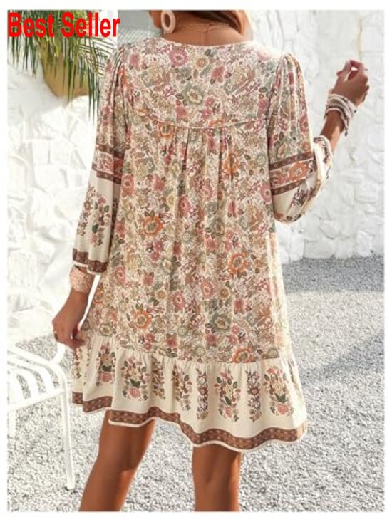 Puff Sleeve Boho Dress with Tie Neck and Floral Print - Picture 2 of 6